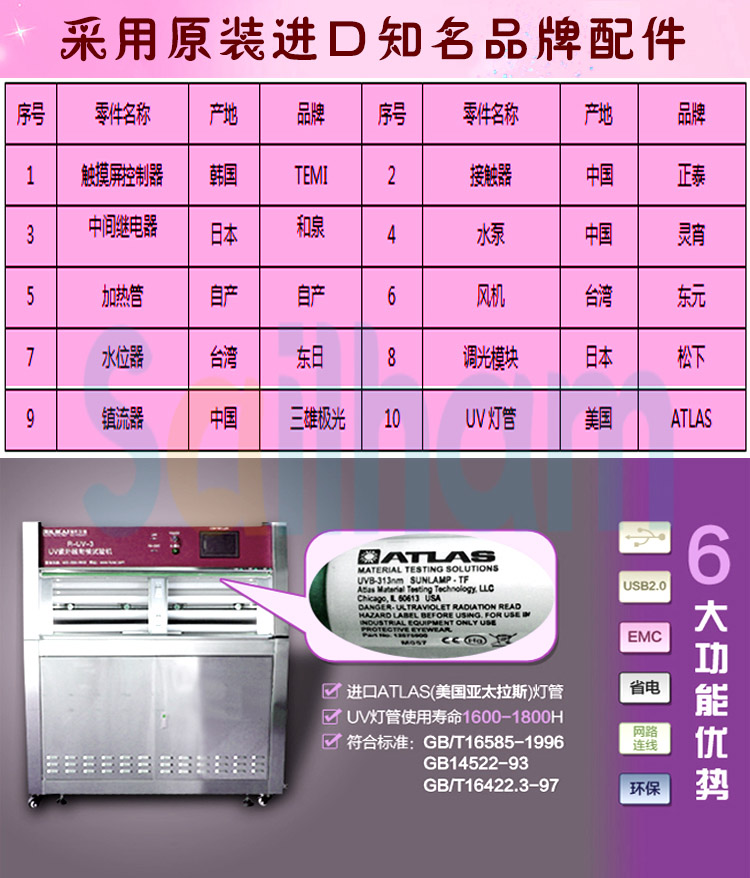 厢式紫外线老化测试干燥箱配件清单表